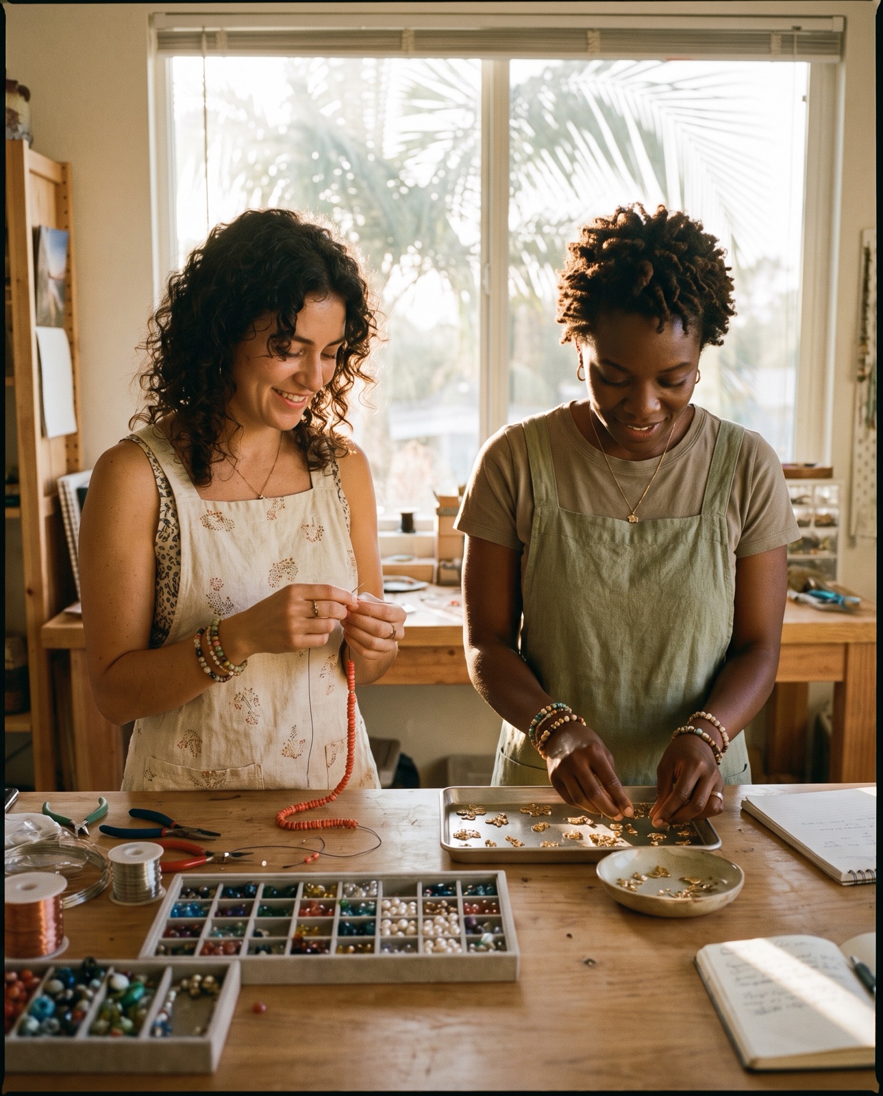Two of the team working at the bench in the San Diego studio