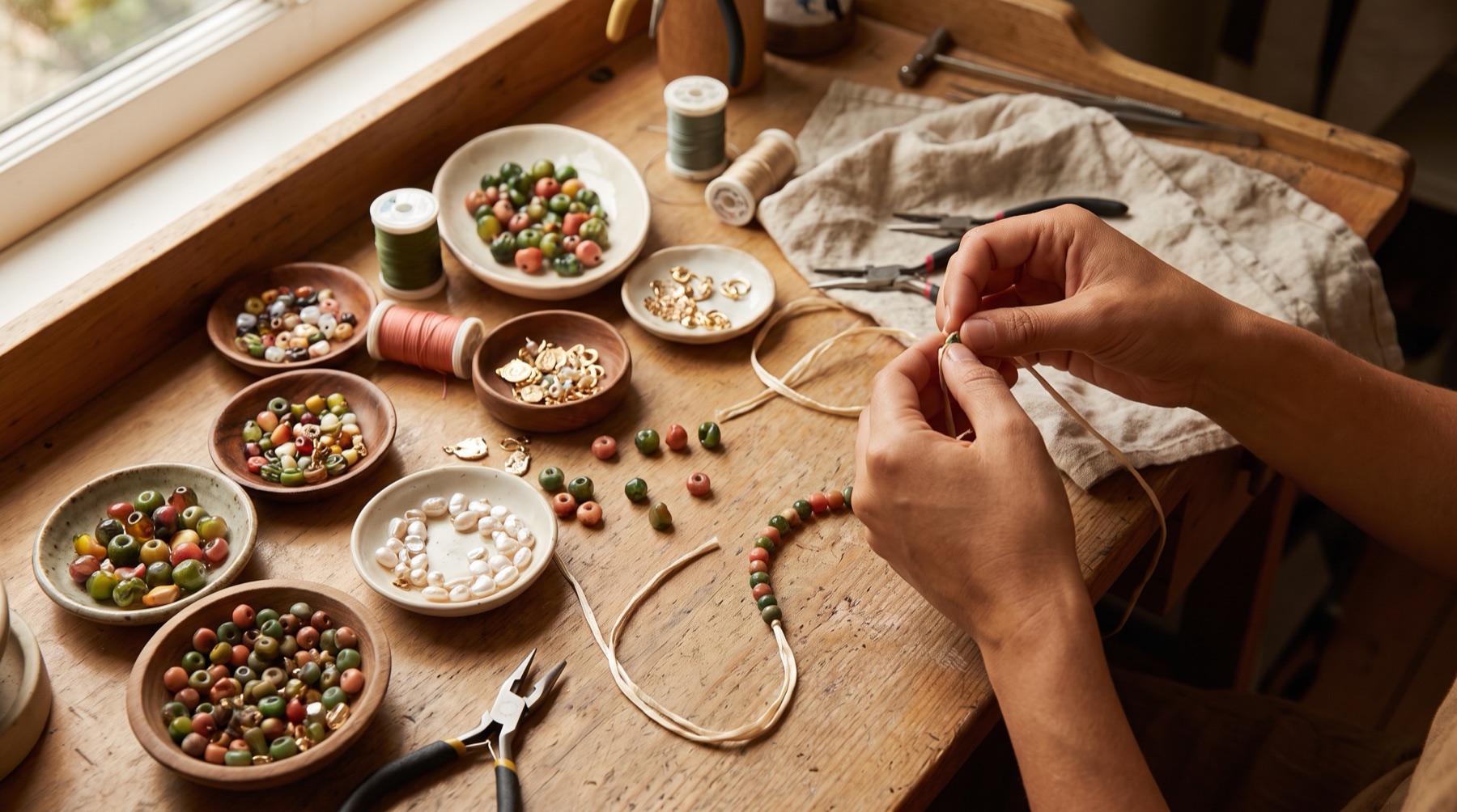 Bead trays and tools on the studio bench